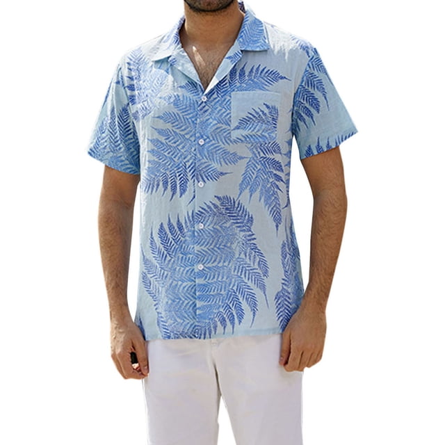 Mens Fashion Casual Buttons Maple Leaf Print Turndown Short Sleeve Shirt