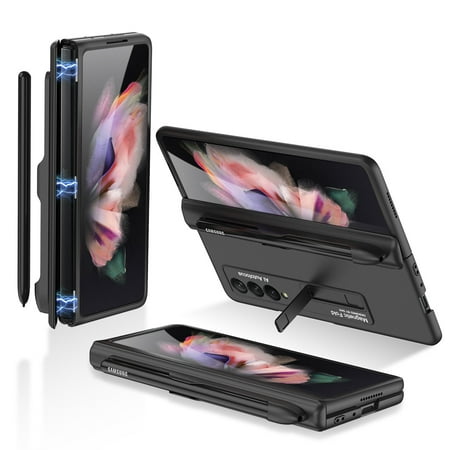 Samsung Galaxy Z Fold 3 2021 Case with S Pen Holder, Ultra Slim Magnetic Kickstand Shockproof Rugged Full Body Protective Cover, Black
