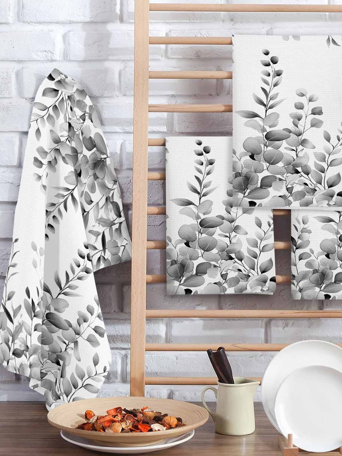 Grey Eucalyptus Hand Towels Set, Waffle Weave Kitchen Towels 3 Pieces, Botanical Leaves Aesthetics Flowers Microfiber Hair Face Bath Tea Towel Absorbent Quick Drying Cleaning Dish Cloths 15.7"x23.6"