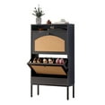 thumbnail image 1 of Shoe Storage Cabinet with 2 Flip Drawers, 31.5" Slim Freestanding Shoe Rack with USB Ports & Outlets, Rattan Style Organizer for Entryway or Hallway - Black, 1 of 6