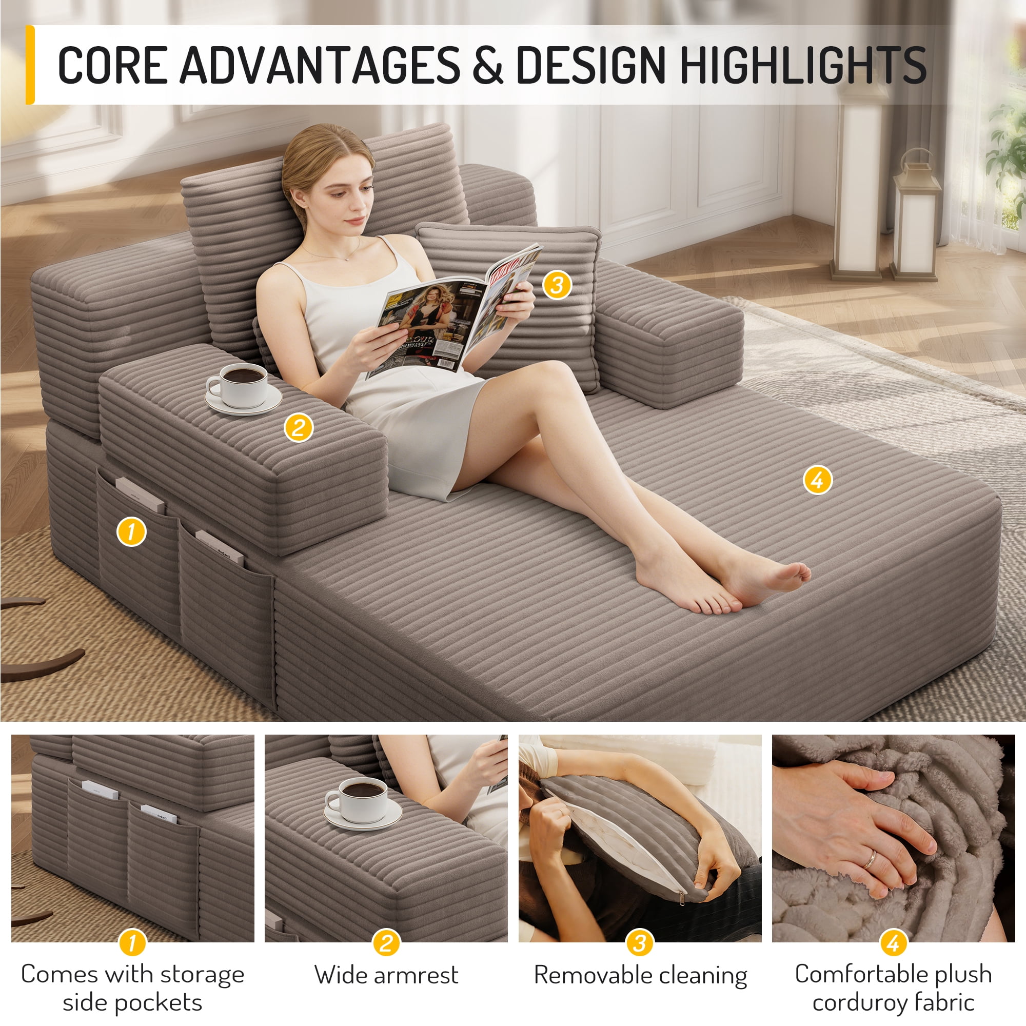 MOONMISS Chaise Lounge Chair Indoor, Corduroy Boneless Sofa Bed, Deep Seat Sleeper Couch Reading Chairs, Cloud Sofas Couches for Living Room, No Assembly Required,Coffee