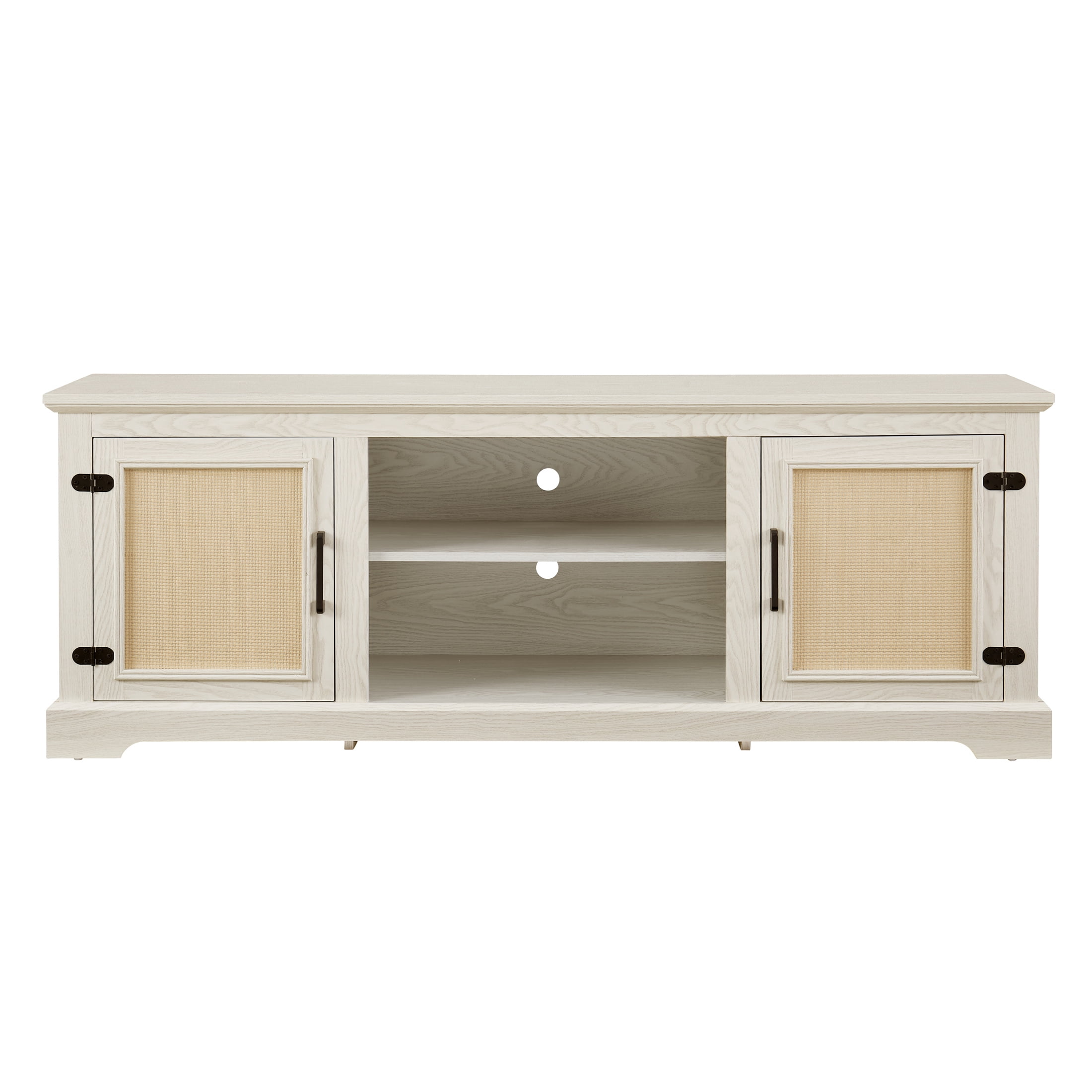 Aukfa Farmhouse TV Stand for TVs up to 70", 2 Natural Rattan Door Cabinets, Oak