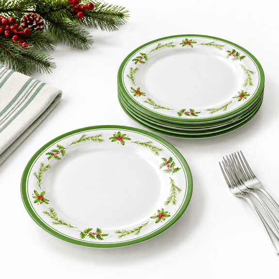 6-Pack 10 Inch Christmas Wreath Dinner Plates, Festive Green and White Dinnerware