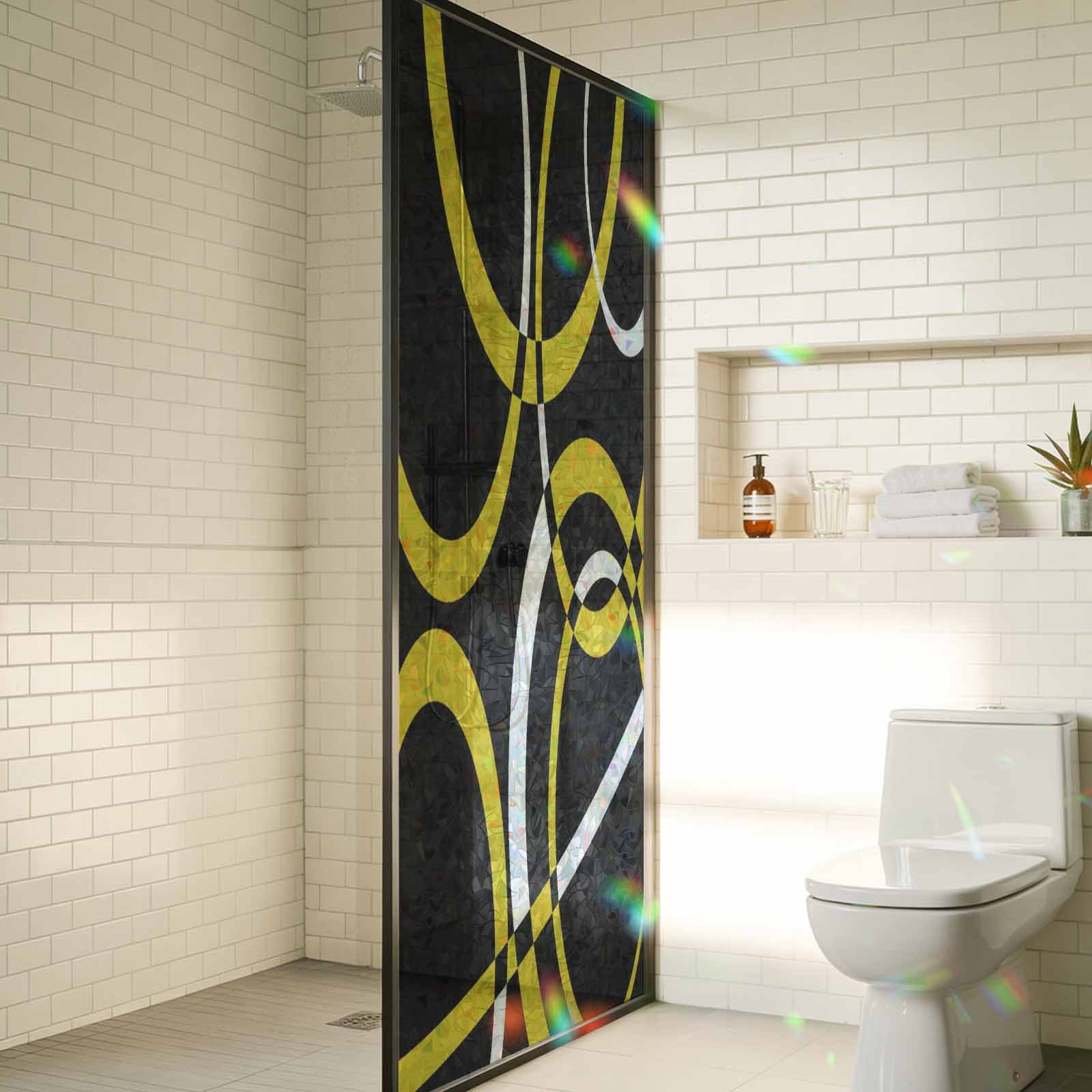 Yellow Geometric Window Privacy Film Stain Glass,Reusable Decorative Rainbow Window Film,Modern Abstract Simple Lines Black Static Cling Sun Blocking Stickers Decals Covers 29.5" x 78.7" (2pcs)
