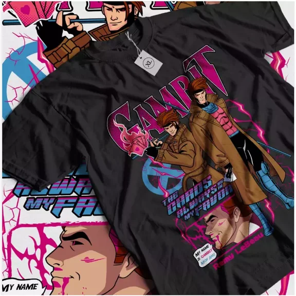 Reprint Rare Gambit Card Trick Men's X-Men T-Shirt Grey Gambit Feeling Lucky Shirt All Size