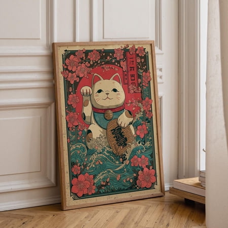 Japanese Lucky Cat Wall Art, Maneki Neko Wave Print, Sakura Asian Poster, Japandi Decor, Fortune Cat Poster Unframed Paper Print