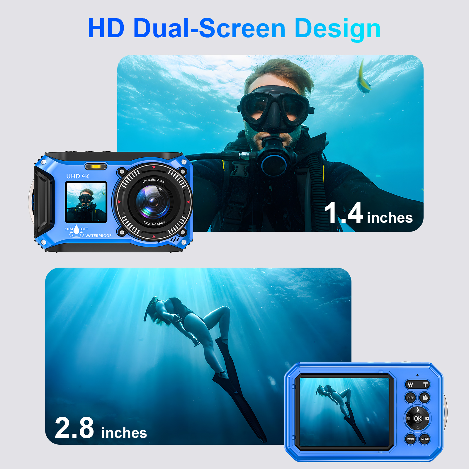 Fohoa 8K 70MP Underwater Camera - 33ft Waterproof, Dustproof, 16x Zoom + 32GB Card