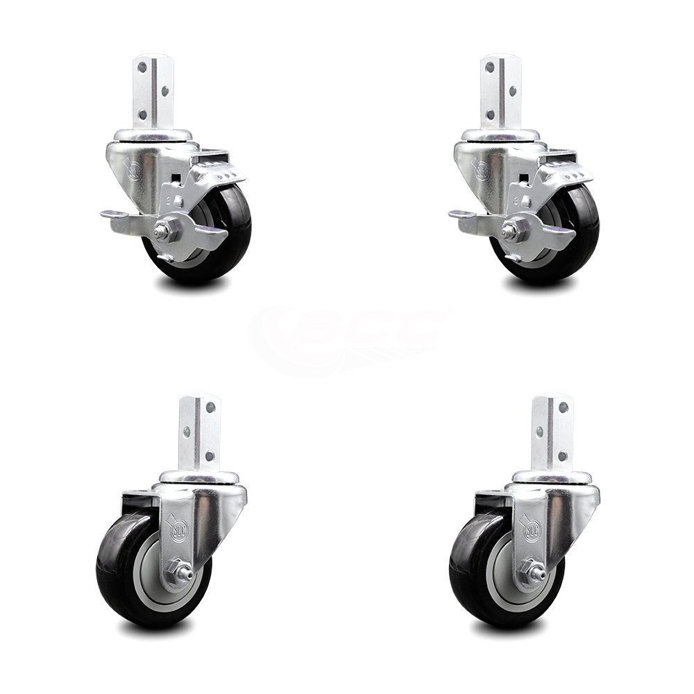 Swivel Square Stem Caster Set 4 w/3” x 1.25” Black Poly Wheel 7/8” x