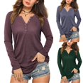 thumbnail image 4 of T-Shirt-Summer, Women's Solid Color V-Neck Pullover Button Long Sleeve,Brown, 4 of 7