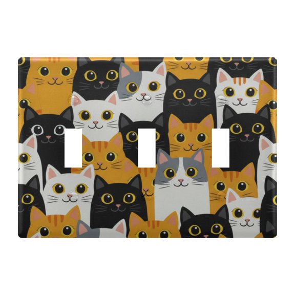 Yellow Black White Cats Toggle Switch Wall Plate 3-Gang Unbreakable Durable PC Flush Fit Round Edge 4.48x6.37in