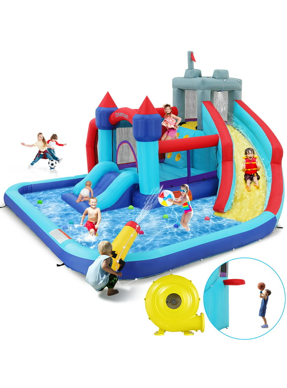 Qhomic Inflatable Bounce House for Toddlers with Blower, Children's Castle with Bouncing Slides, Climbing Wall, Bouncing Area, Basketball Hoop, Water Gun, Inflatable Water Slide with Football Area