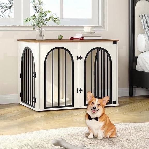 Hzuaneri 31.5in Dog Crate Furniture, Heavy Duty Wooden Kennel for Small to Medium Dogs with Cushion, Decorative Pet House Side End Table, White Brown