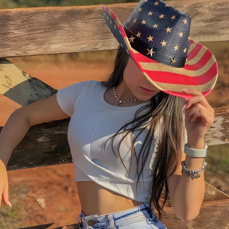 9371 4th Of July Cowboy Hat For Women, Packable Straw Cowgirl With Rolled Sundance | Womens Toyo Straw Cowgirl Hat – American Hat Makers main image 2