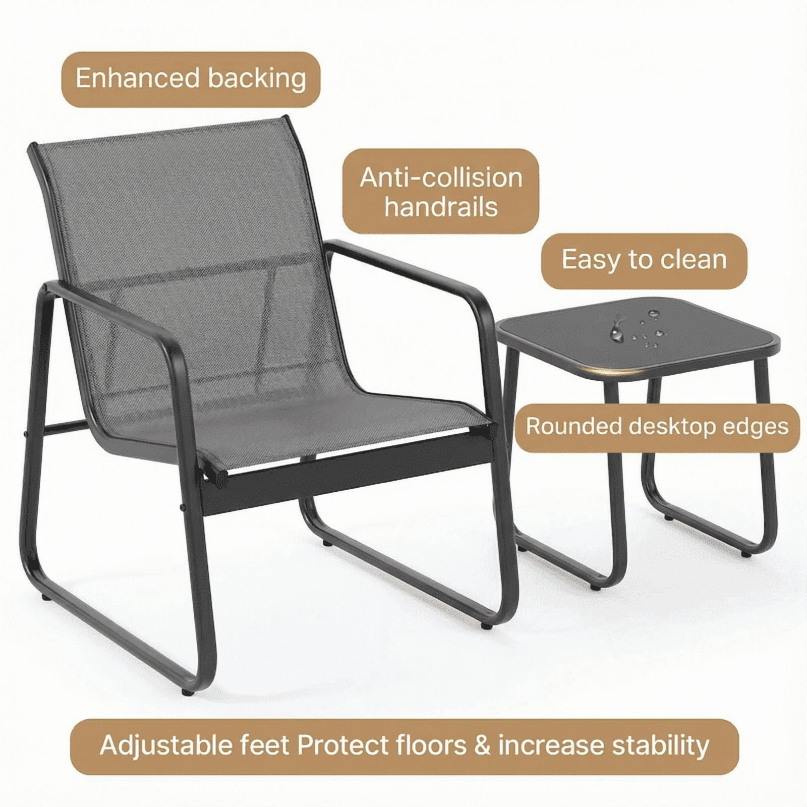3-Piece Outdoor Patio Furniture Set, Modern Textilene Conversation Set with Coffee Table, All-Weather Bistro Set for Lawn, Balcony, Backyard, and Porch, Gray