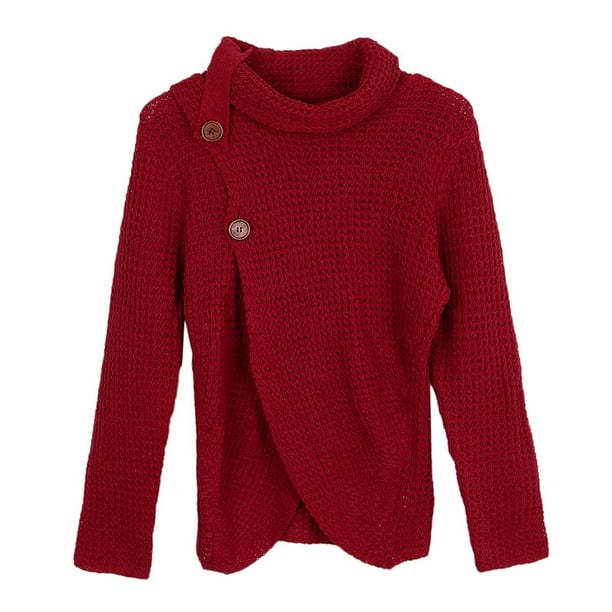 Mujer Cuello vuelto Chunky Cable Knit Wrap Pullover Cardigan Sueter L Vino rojo L Hugo Sueter con cuello de gallo