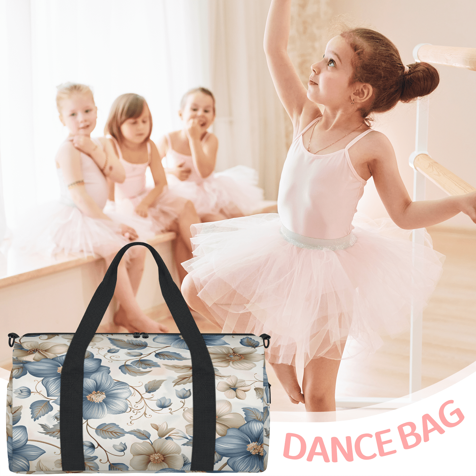 Herdesigns Boho Floral Gym Bag for Women, Duffle Bag for Travel Sport, Beige Blue Grey White Flower Lightweight Waterproof Carry on Weekender Dance Yoga Workout Bags