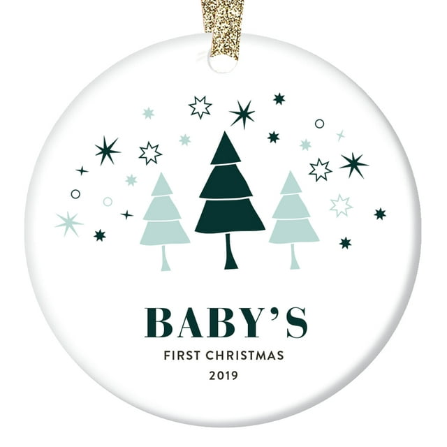 Baby's First Christmas Ornament 2019 Congratulations Baby Shower Gift Ideas Newborn Boy Girl 1st Holiday Present New Mommy & Daddy Family Keepsake Cute Whimsical 3" Flat Circle Ceramic OR0843