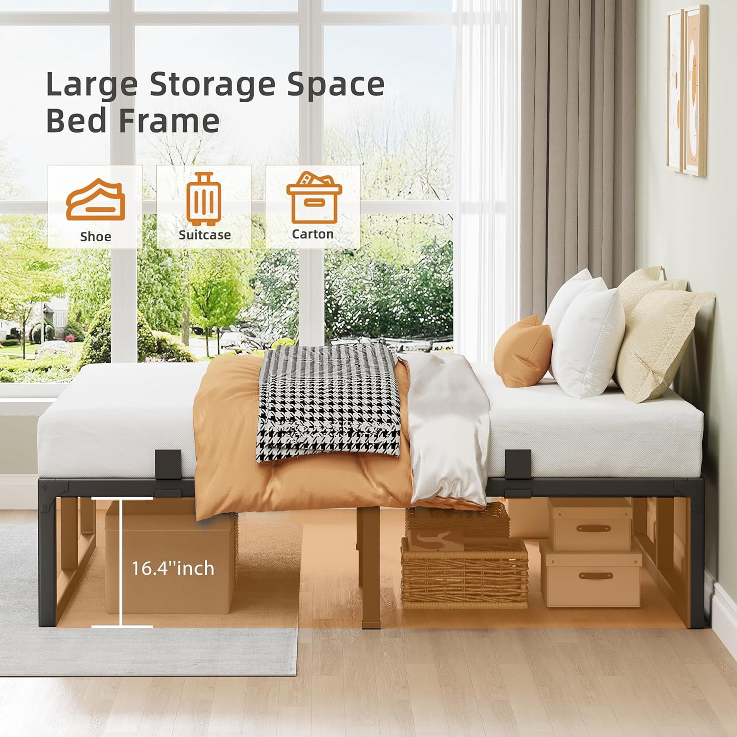 18-Inch Queen Size Metal Platform Bed Frame with Squeak-Free U-Slot Design, 3500 lbs Capacity, Under Bed Storage, Black