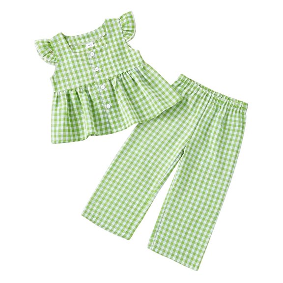 REDARER Toddler Girls Gingham 2-Piece Outfit, Flutter Sleeve Top & Pants Casual Summer Set,4-5 Years