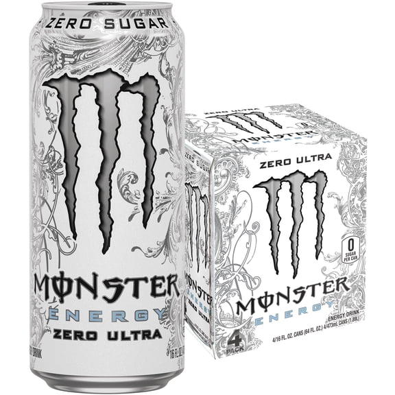 Monster Energy, Zero Ultra, Sugar Free Energy Drink, 4 Pack - 16 Fl Oz