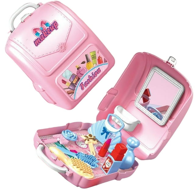 Kids Pretend to Play Set Toys Children‘s Simulation Jewelry Dressing Table Toothbrush Tool Set Kitchen Tableware with Backback Box for Boys Girls White