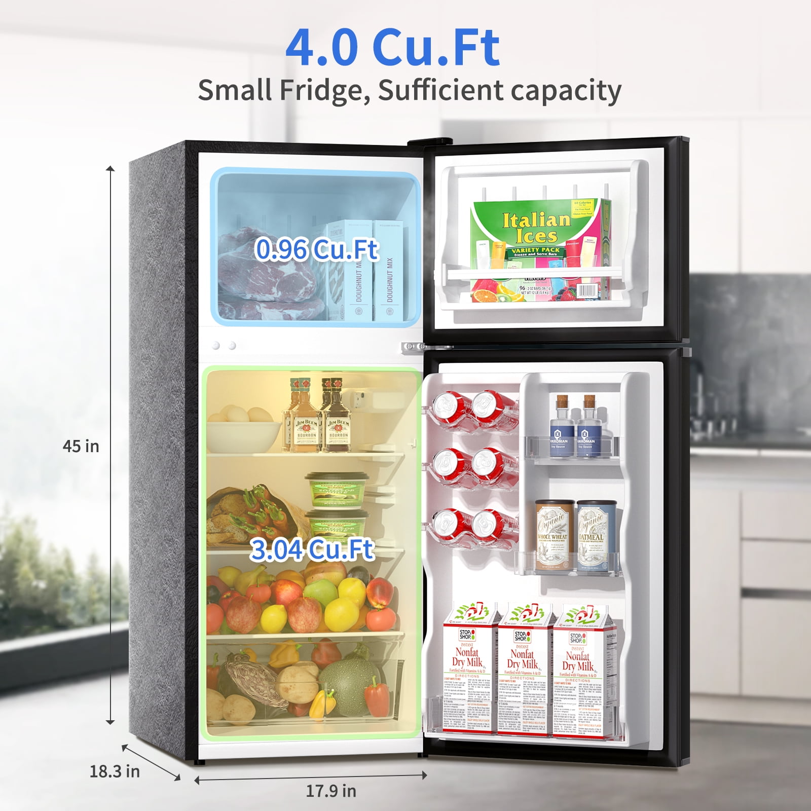 BANGSON 4.0 Cu.Ft small refrigerator with freezer,mini refrigerator with freezer, 2 Doors, Compact Fridge for Apartment Bedroom Dorm and Office, 5 Settings Temperature Adjustable, Sliver