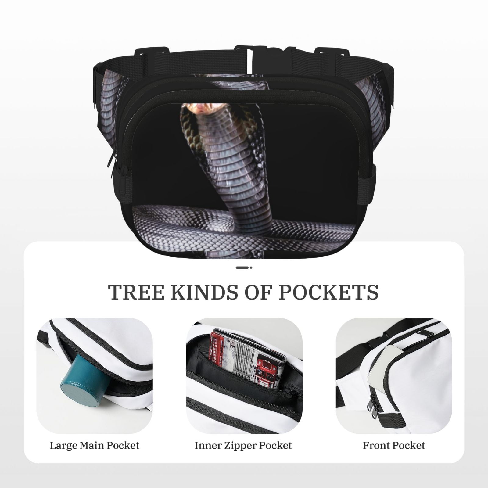 Picia Black Cobra Snake Print Square Double-Layer Waist Bag Mini Adjustable Waist Belt Bag Exercise Running Travel Hiking