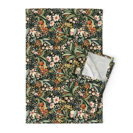 

Printed Tea Towel Linen Cotton Canvas - Garden Pink Vintage Green Flowers Leaves Floral Berries Print Decorative Kitchen Towel by Spoonflower