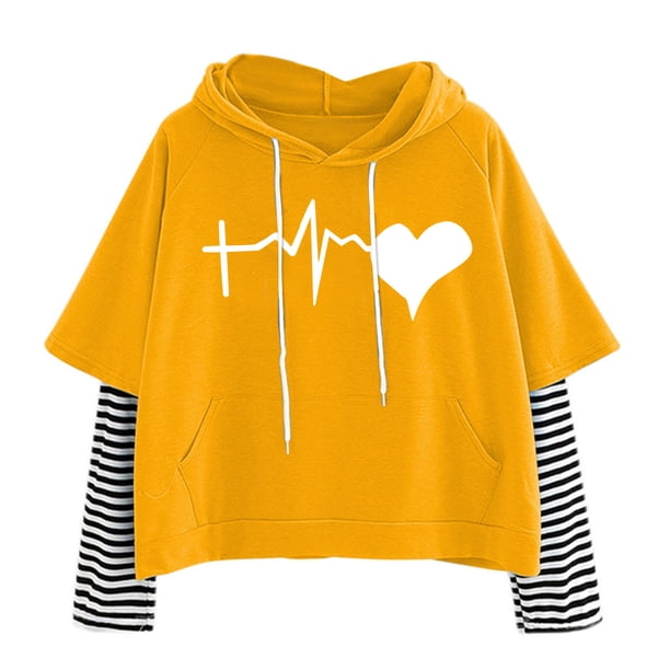 Mujeres Casual Loved Impreso Con Capucha Cordón Jersey Patchwork Rayas Manga Larga Tops Sudaderas Cortas Fridja fksj4560