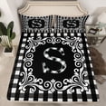 thumbnail image 2 of Feelyou Plaid Letter S Queen Sheet Sets for Kids, Black White Buffalo Flat Sheet, Retro Damask Floral Queen Fitted Sheet, Breathable Home Decor, 4-Piece, 2 of 7