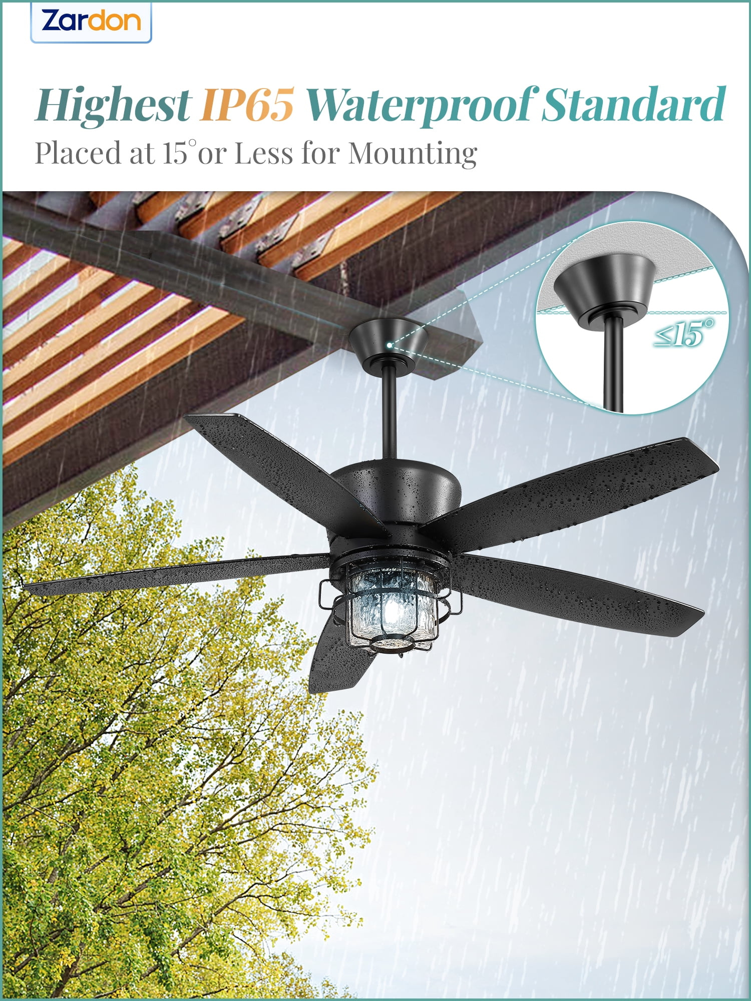 Zardon 52" Gazebo Fan for Patio, Outdoor Ceiling Fan with LED Light and Remote, Farmhouse IP65 Waterproof for Porch, Quiet DC Motor and 6 Speeds, Black