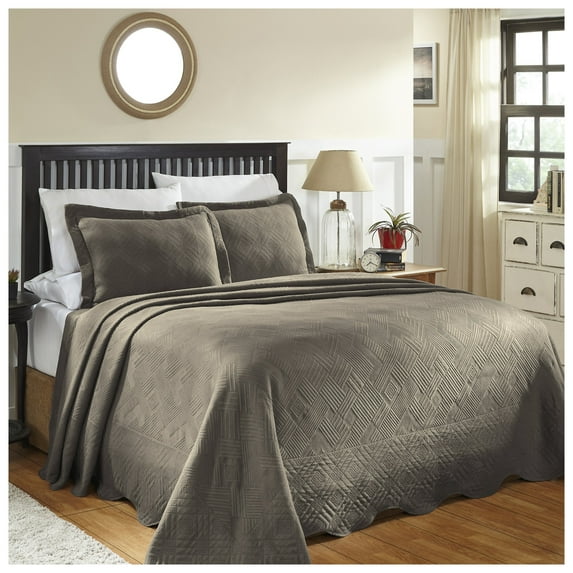 Superior 100% Cotton Geometric Fret Scalloped Bedspread Set Charcoal / Queen