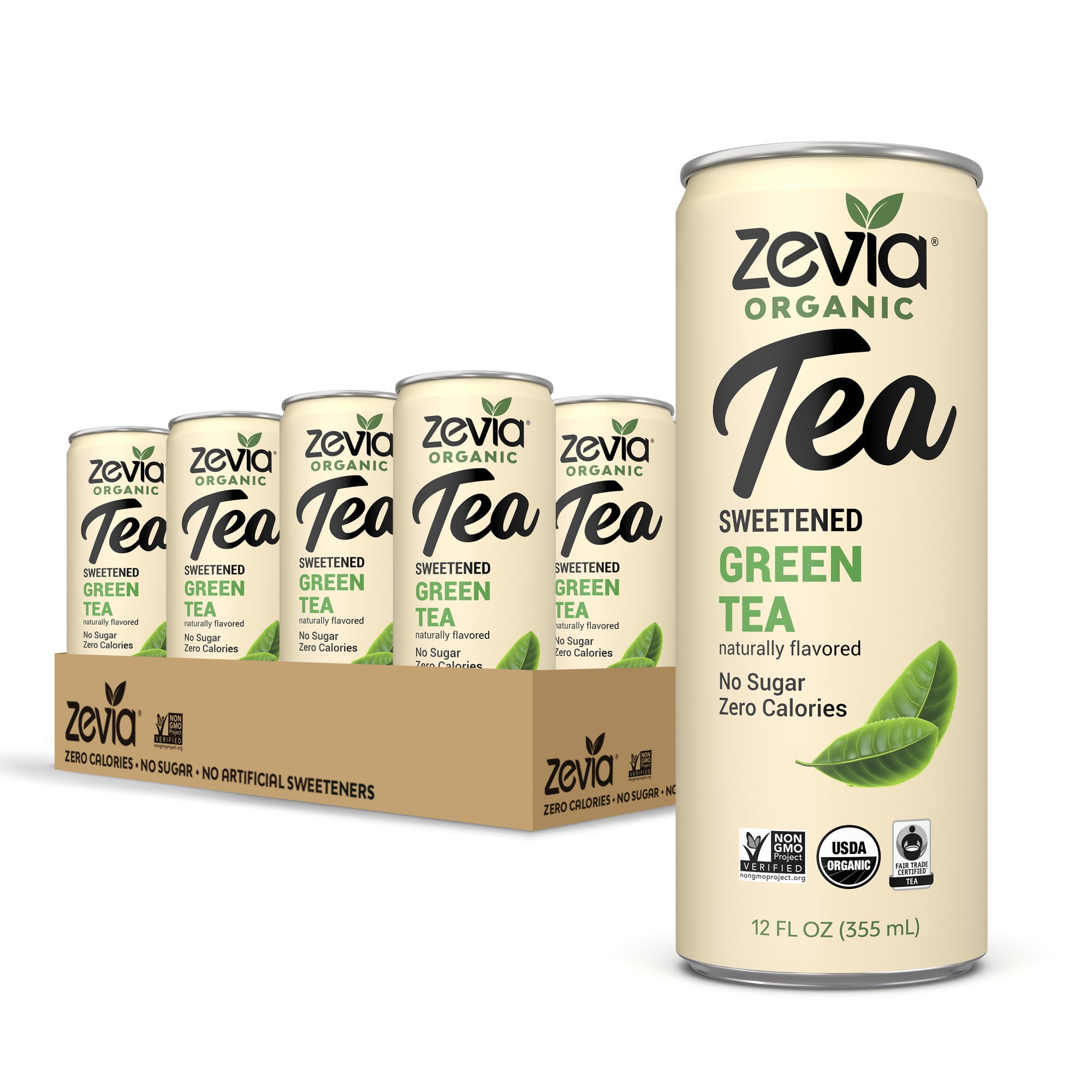 Zevia Zero Sugar Organic Iced Tea, Green Tea, 12 fl oz, 12 Pack of Cans