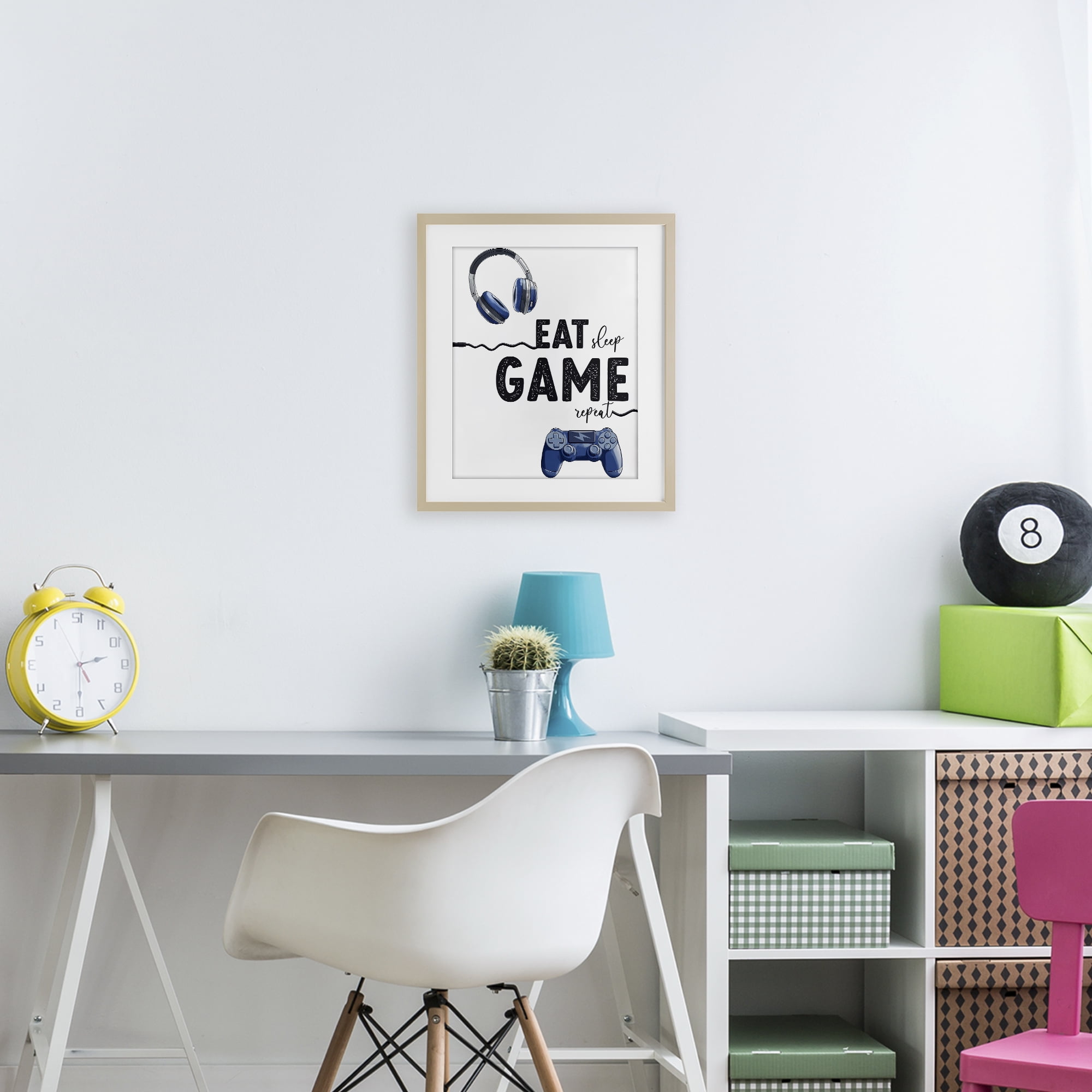 Eat Sleep Game Lifestyle Birch Framed Print Under Glass, design by Christine Simpson Art