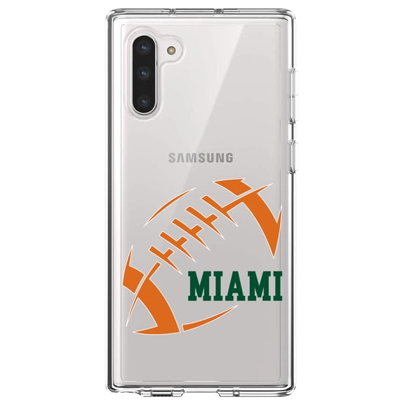 DistinctInk Clear Shockproof Hybrid Case for Samsung Galaxy Note 10 (6.3" Screen) - TPU Bumper, Acrylic Back, Tempered Glass Screen Protector - Miami Football - Orange, Green