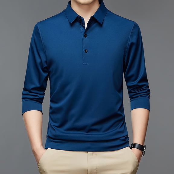 JIANJIA Mens Polo Shirts Solid Color Lapel Long Sleeve Button Regular Fit Casual Business Autumn Winter Tops Streetwear