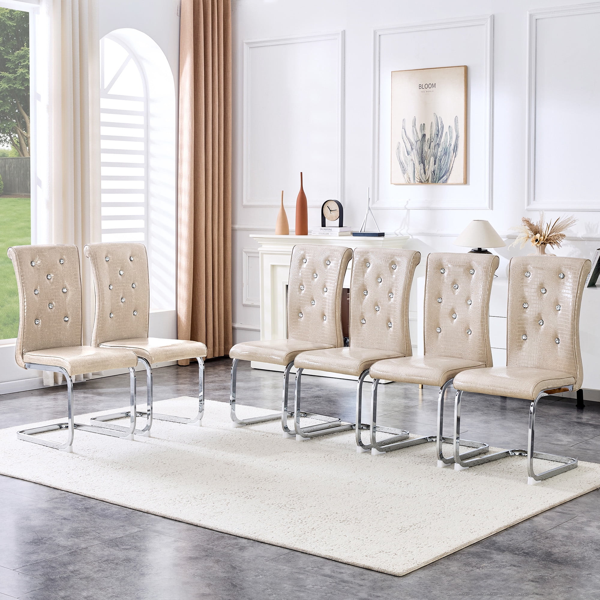 Aukfa Modern Dining Chairs Set of 2 , 400 lbs Heavy-Duty Faux Alligator Leather Kitchen Chairs with Crystal Button Tufted High Back,Beige