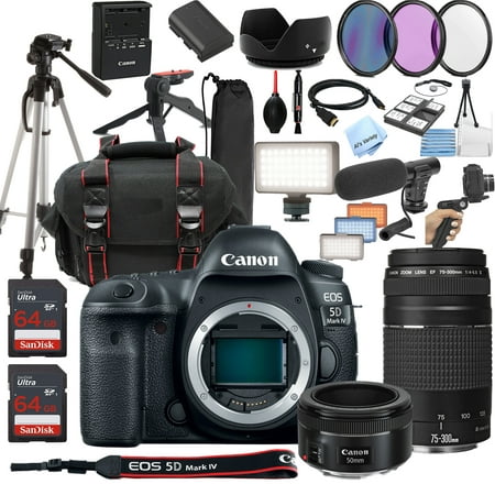 Canon EOS 5D Mark IV DSLR Camera w/ EF 50mm STM + 75-300mm + LED Always on Light + 128GB Memory, Filters, Case, Tripod + More (34PC Bundle Kit)