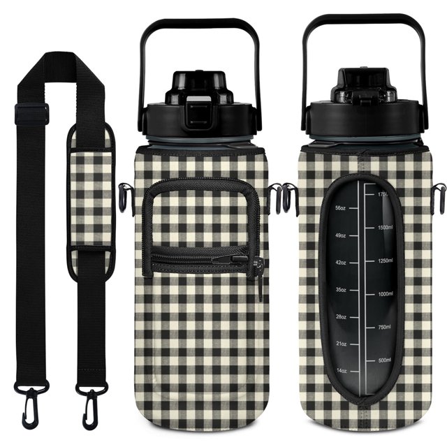 Black&white Check 64 Oz Water Bottle with Sleeve - BPA Free Leakproof Sport Large Plastic Water Bottle with Straw Strap & Insulated Neoprene Holder Carrier Bag Great Gift for Women Men