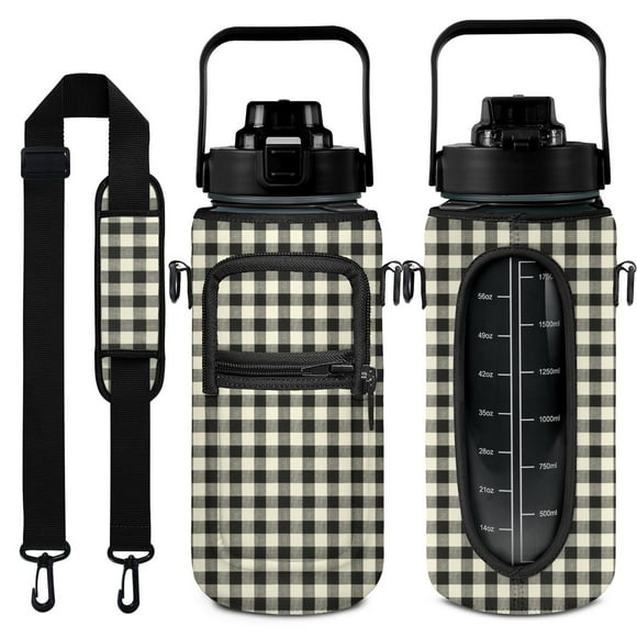 Black&white Check 64 Oz Water Bottle with Sleeve - BPA Free Leakproof Sport Large Plastic Water Bottle with Straw Strap & Insulated Neoprene Holder Carrier Bag Great Gift for Women Men
