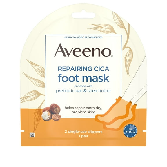 Aveeno Repairing CICA Foot Mask with Prebiotic Oat and Shea Butter, Moisturizing Foot Mask for Extra Dry Skin, (Pack of 6)