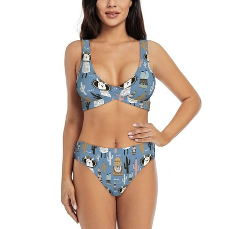 Zeuib Llamas And Cactus High Waisted Tummy Control Bikini Set - Knot Front Push Up Top & Cheeky Thong Bottom  Two-Piece Swimsuit for Women-Small