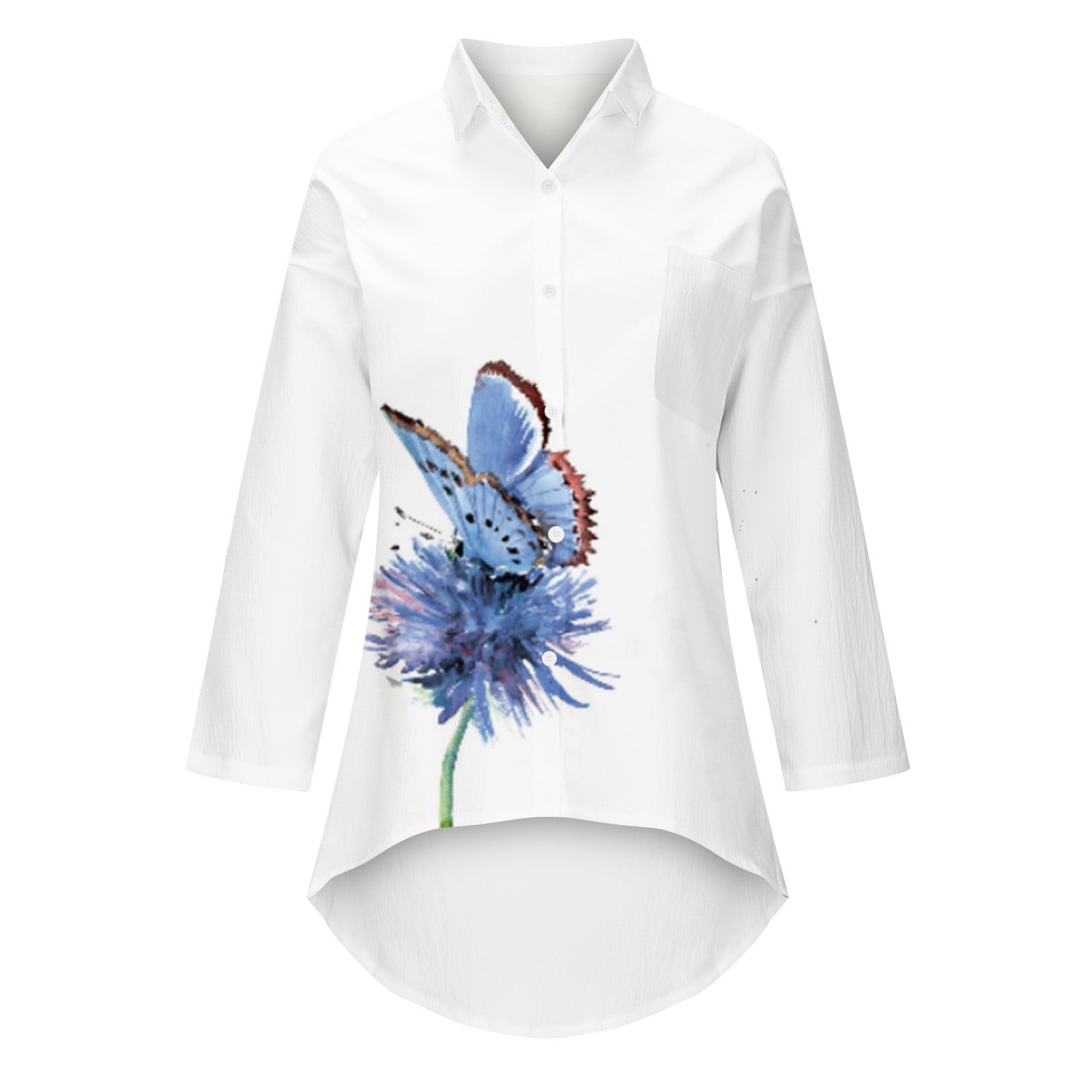 Women's Fashion Casual Long Sleeve Button Lapel Print Pocket Top Plus Size Blouses Shirt Dressy for Fall