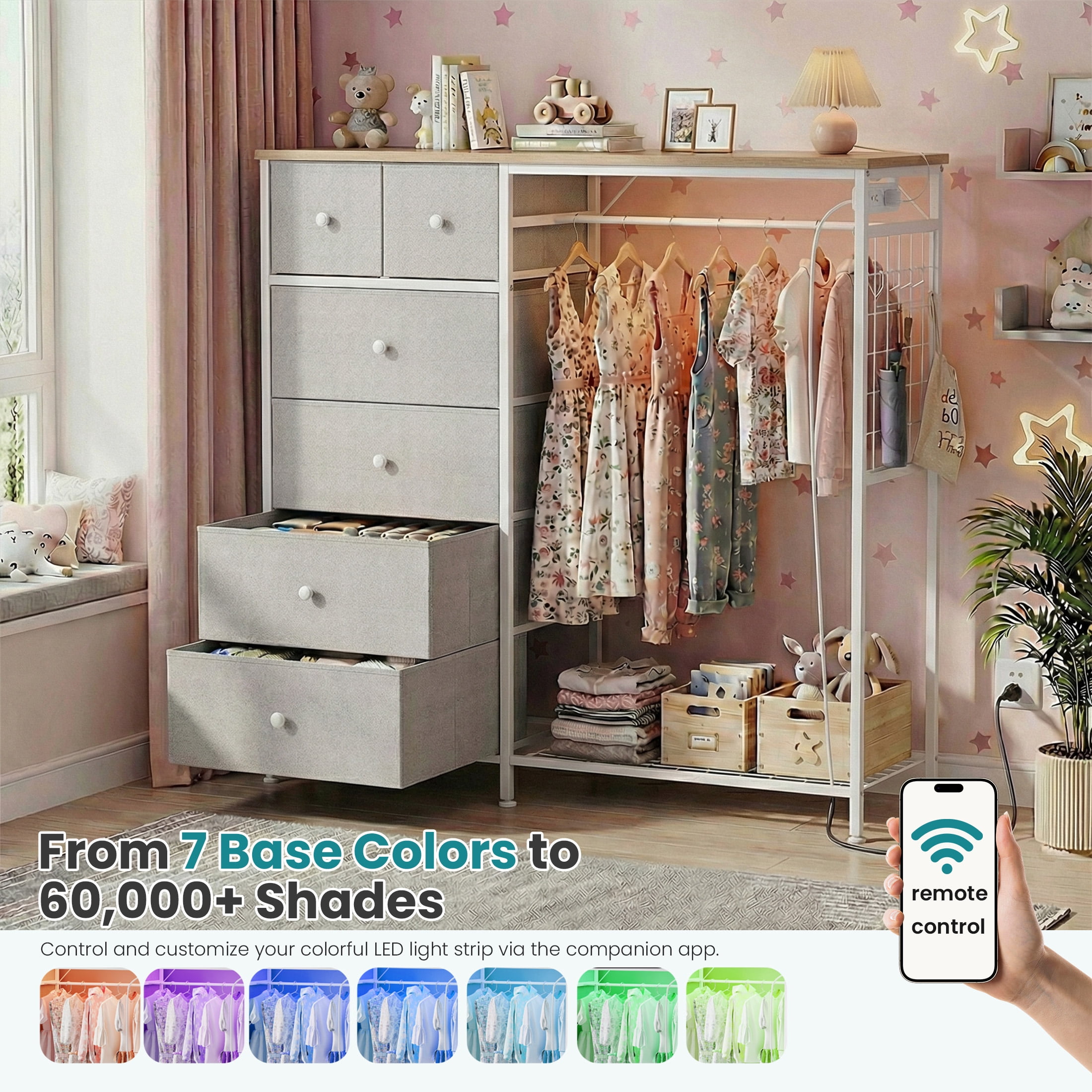 EDX 47.2" H Dresser for Bedroom with Hanging Rack, 6 Drawers Dresser with LED Lights & Charging Station, Fabric Dressers & Chest of Drawers with Rack, Wooden Top, Grid Panel,LightGray