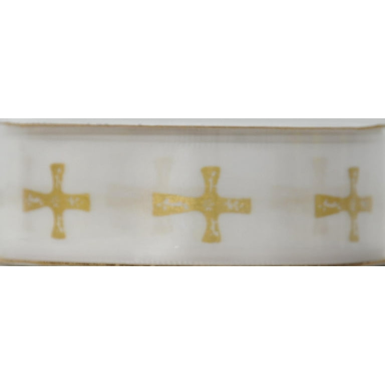 Offray Ribbon, White with Gold Cross 7/8 inch Polyester Offray Ribbon, White with Gold Cross 7/8 inch Polyester