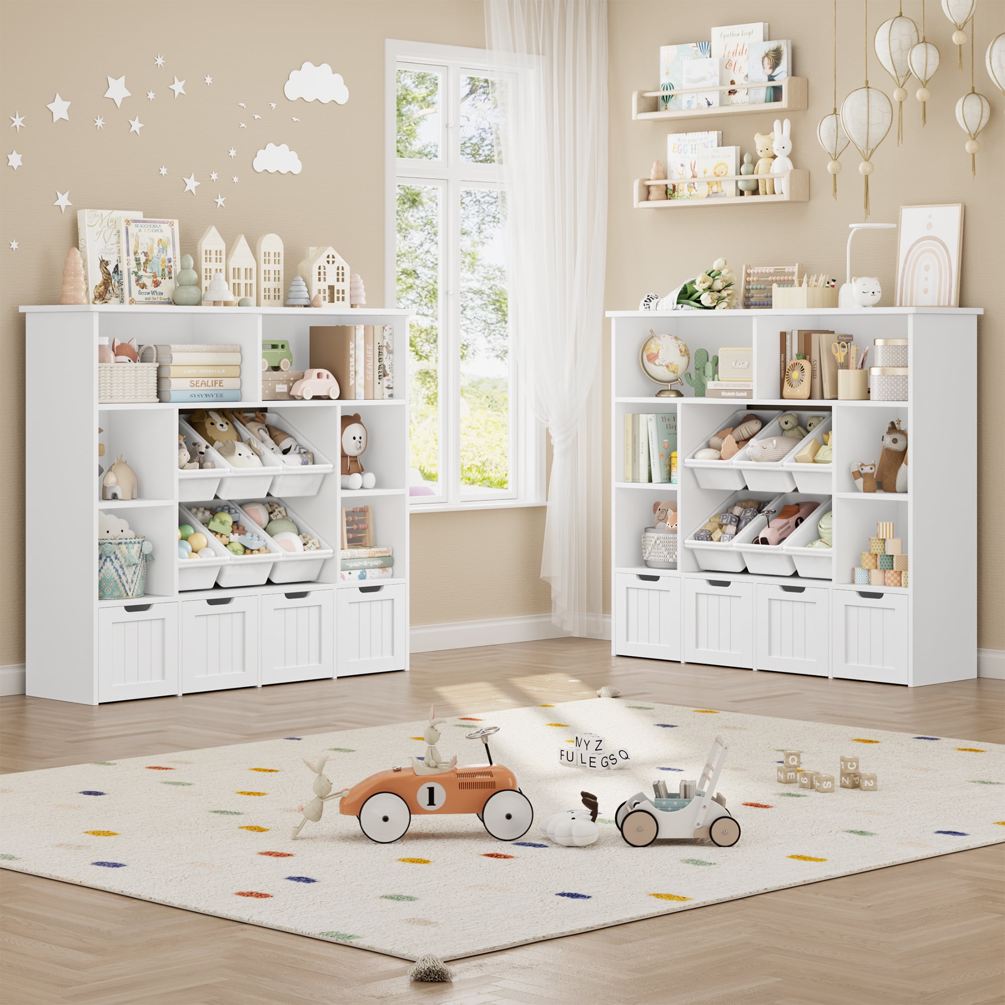 Hiphuta Large 4 Tier Kids Bookcase, Wood Toy Organizer of 6 Boxes & 4 Removable Drawers, Bookshelf for Kids Room Classroom, White