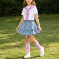 thumbnail image 6 of Xdegoge 4 Pcs Girls Summer Outfits Short Sleeve Tee Ruffle Denim Skirt Shawl and Socks Matching Sets Casual Cute Back to School Set for 3-16 Years, 6 of 9