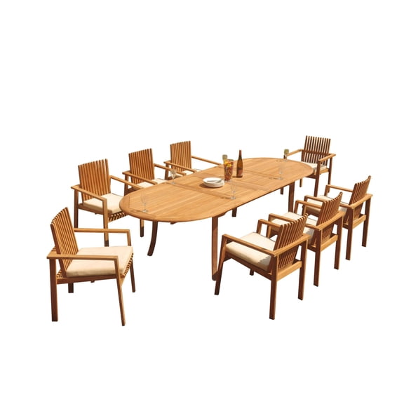 Grade-A Teak Dining Set: 8 Seater 9 Pc: 118" Oval Table And 8 Clipper Stacking Arm Chairs Outdoor Patio WholesaleTeak #51CP2609