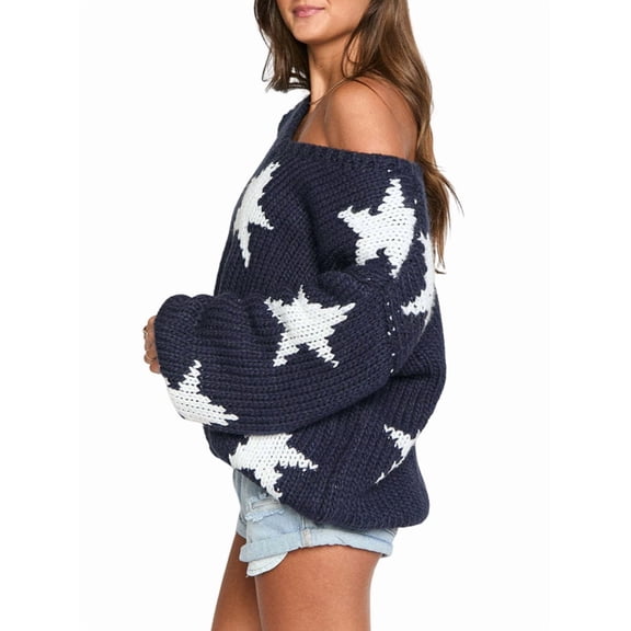 Women'S V-Neck Batwing Sleeve Long Sleeve Off-the-Shoulder Sweater Star Print Knitted Pullover Navy Blue S