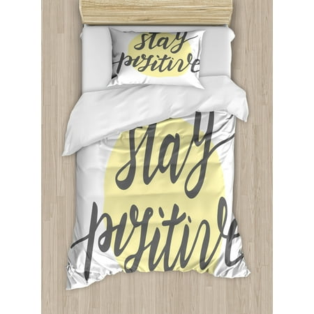 Grey And Yellow Duvet Cover Positive Energy Duvet Cover Set, Cursive Lettering Words on Circular Pastel Tone Backdrop, Decorative Bedding Set with Pillow Shams, Grey Pale Yellow and White, by Ambesonne ()